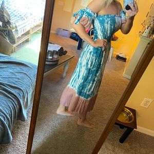 Blue and white tie dyed flowy jumpsuit